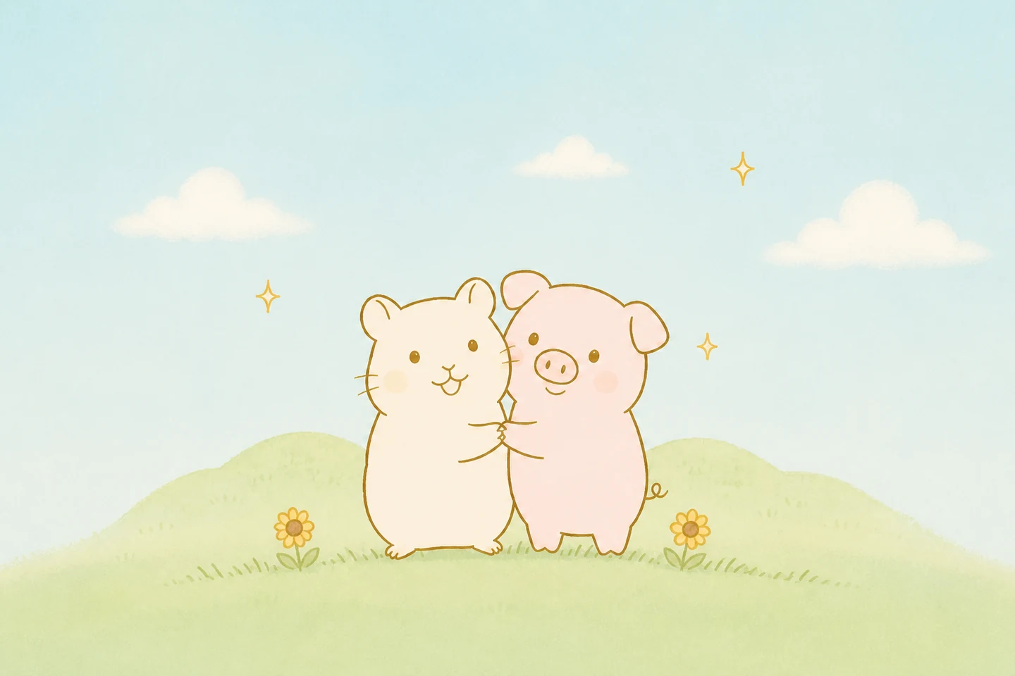 仲良く寄り添うハムスターとブタのイラスト