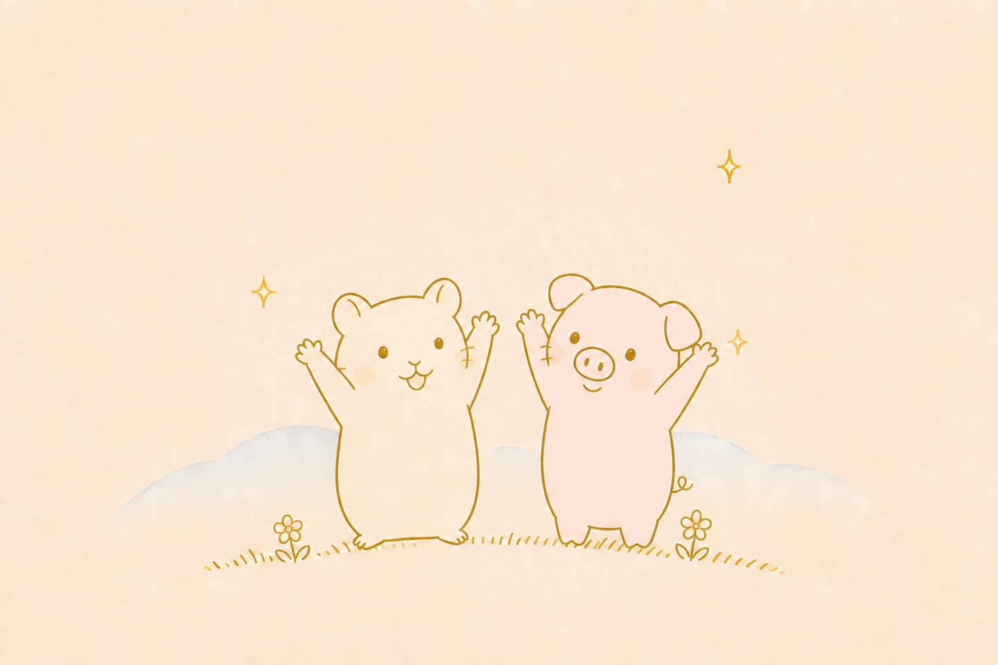 一緒に両手を上げるハムスターとブタのイラスト